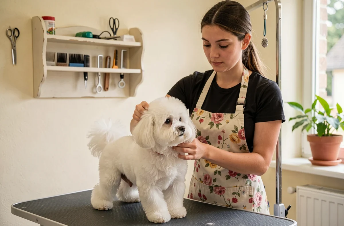 Typhaine Toilettage à Ancenis-Saint-Géréon, une toiletteuse coiffant un Bichon Frisé dans son salon canin