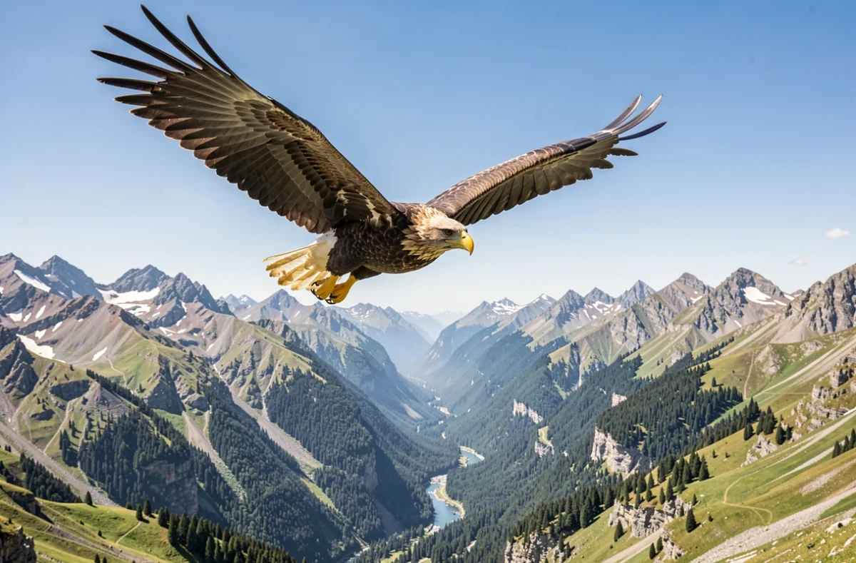 Un aigle royal en vol au-dessus d'une vallée de montagne