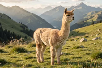 Un alpaga au pelage clair dans un pré de montagne