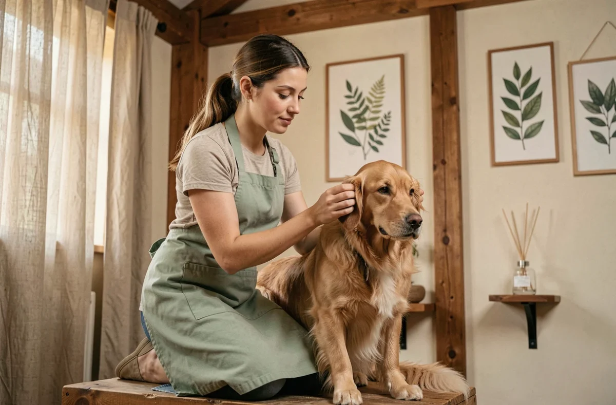 Toiletteur canin axé bien-être animal caressant doucement un chien détendu dans un espace apaisant