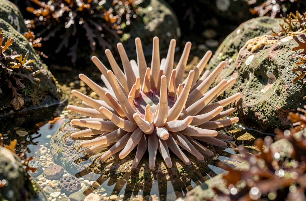 Une anémone de mer aux tentacules ouverts dans une mare de rocher