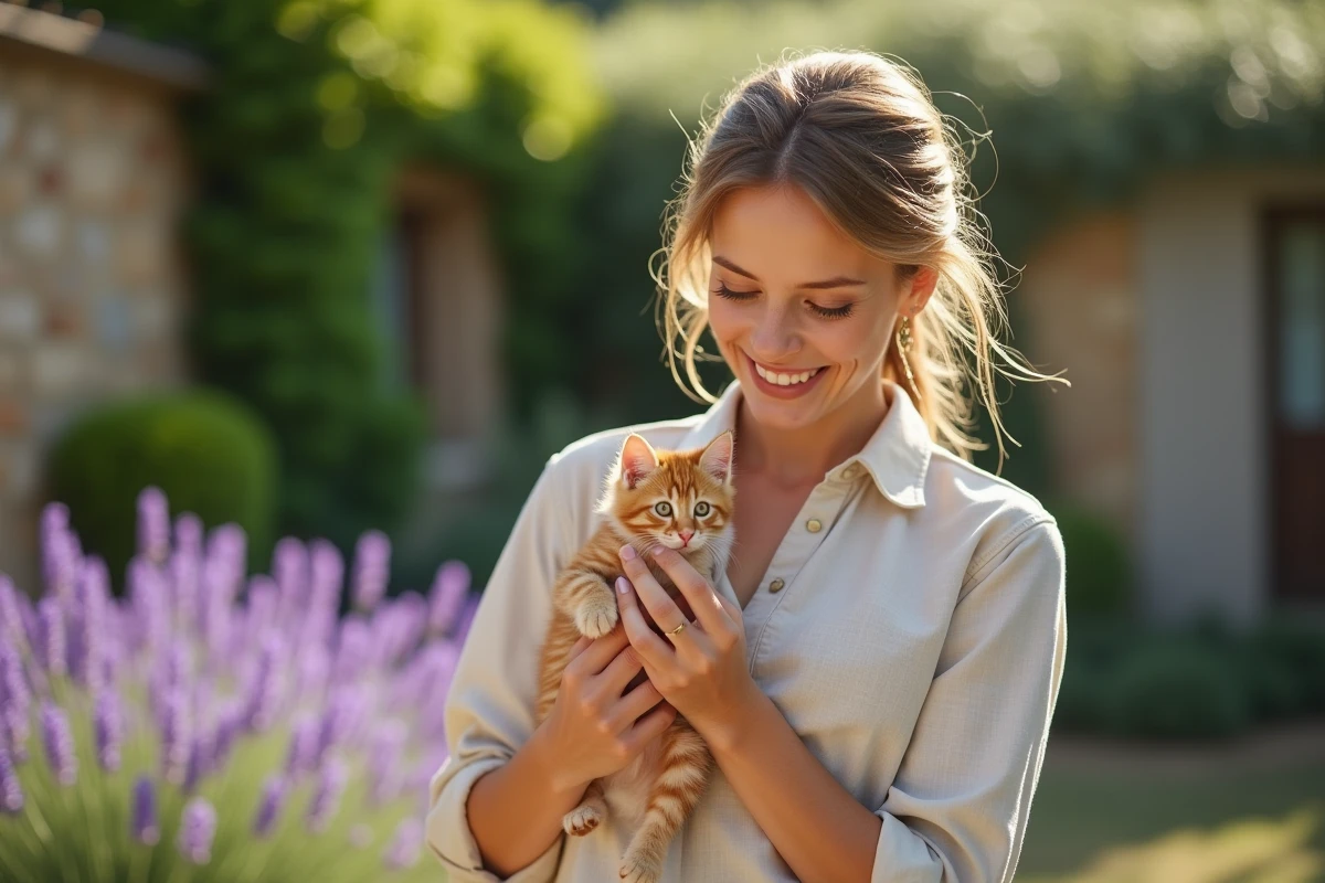 Femme tenant un chaton roux en bonne santé dans un jardin provençal, vérification avant adoption