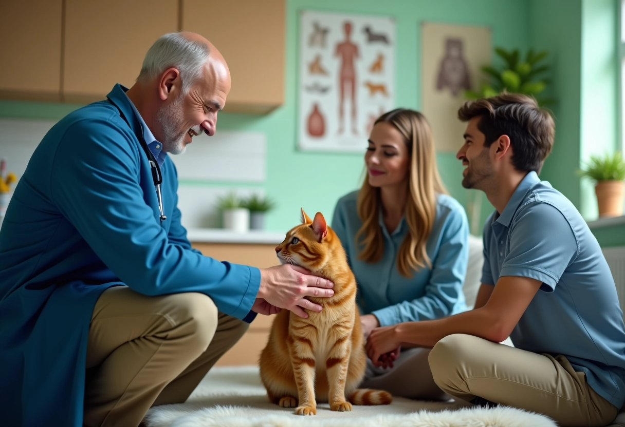Vétérinaire expliquant à une famille avec un chat orange