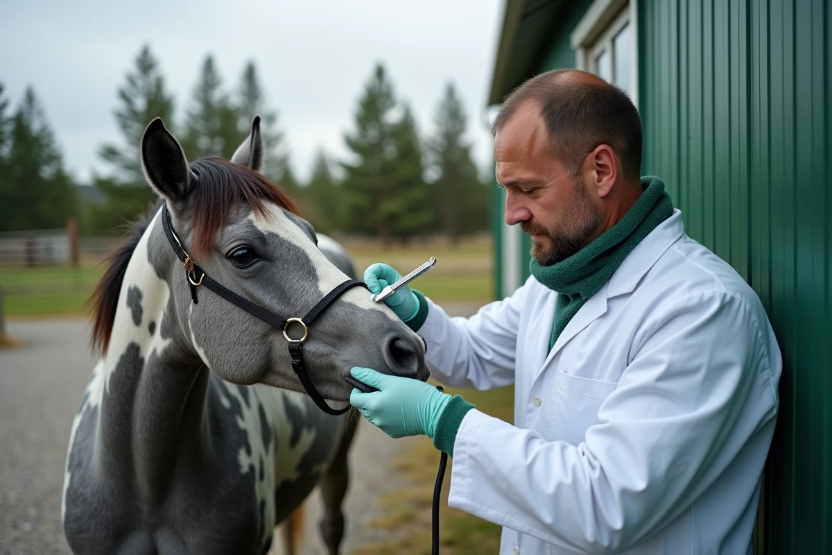 Vétérinaire examinant un cheval appaloosa lors d'une visite de soins, illustrant les frais vétérinaires et coûts cachés
