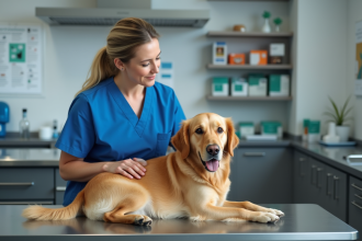 Vétérinaire en scrubs bleu rassurant un chien dans une clinique