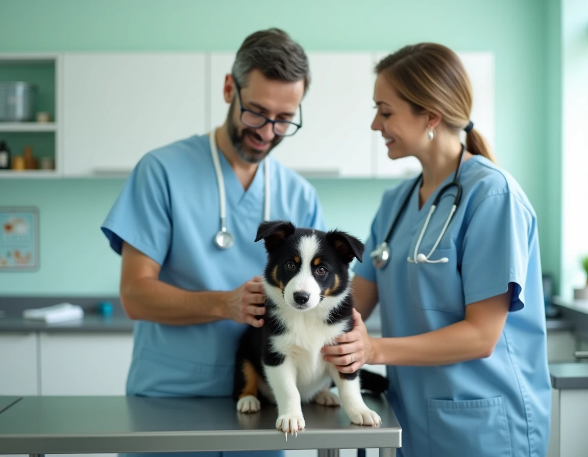 Vétérinaire examinant un chiot border collie en clinique, contexte d'assurance santé animale et comparatif mutuelle chien