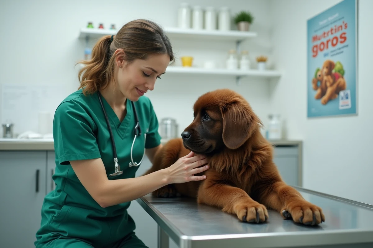 Vétérinaire examinant un chiot Terre Neuve brun lors d'un contrôle de croissance osseuse en clinique