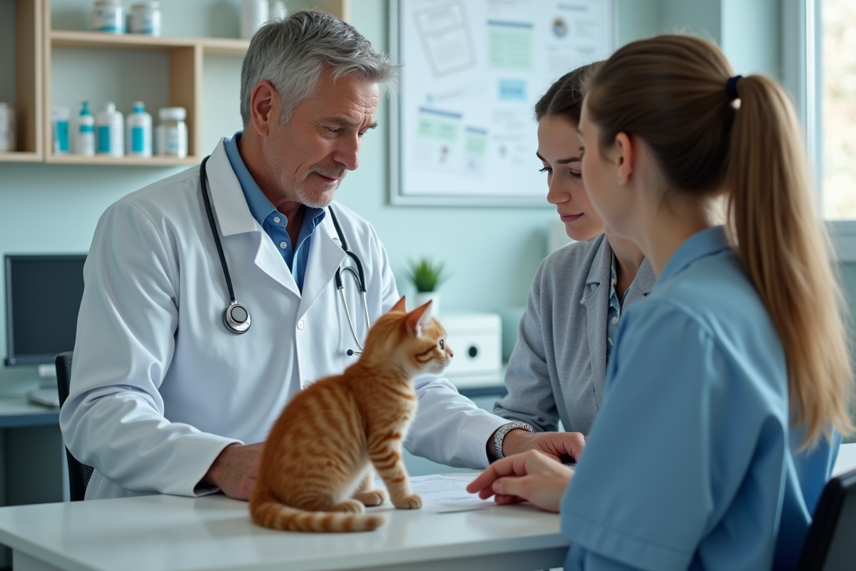 Vétérinaire rassurant une famille avec leur chaton
