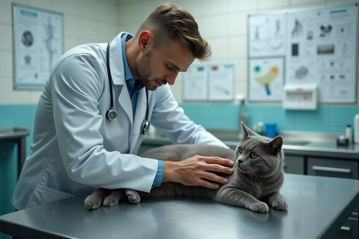 Vétérinaire examinant un chat gris sur une table d