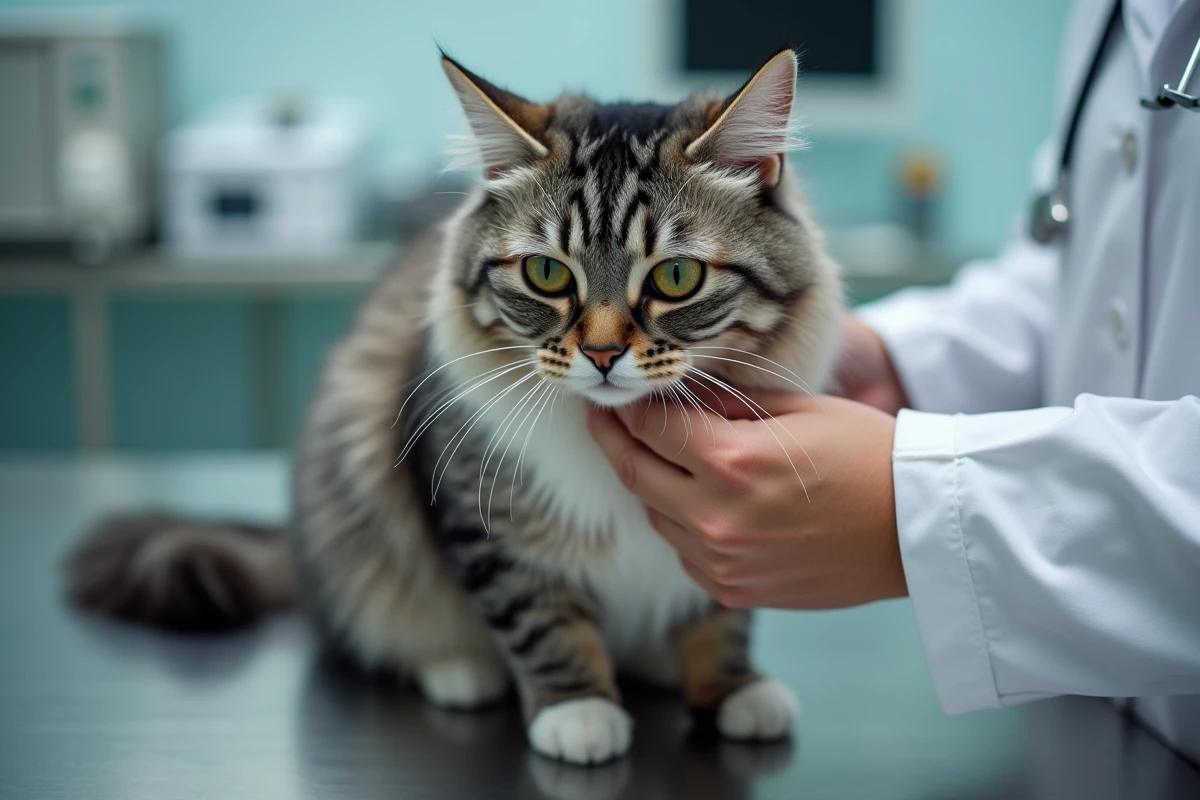 Vétérinaire examinant la gueule d'un chat persan gris et blanc sur une table d'examen en inox, consultation vétérinaire pour vomissements chez le chat