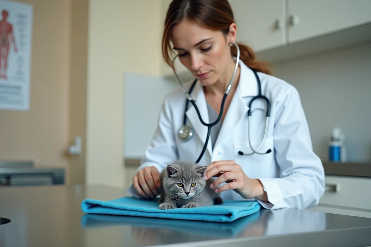 Vétérinaire examinant un chaton gris dans une clinique vétérinaire près de Toulon avant adoption