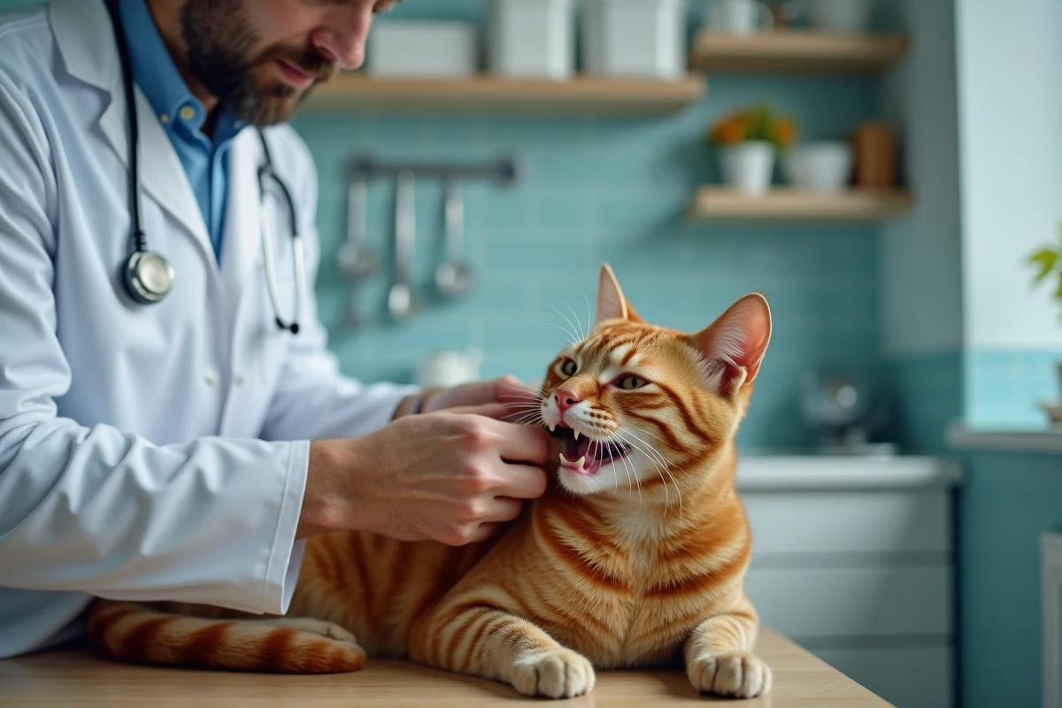 Vétérinaire examine un chat ginger âgé sur une table