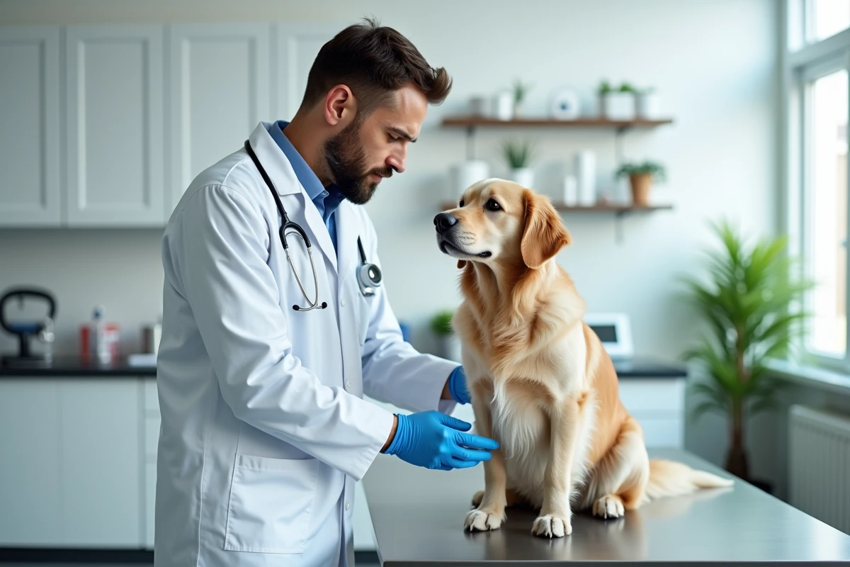Vétérinaire examinant un golden retriever dans une clinique vétérinaire moderne