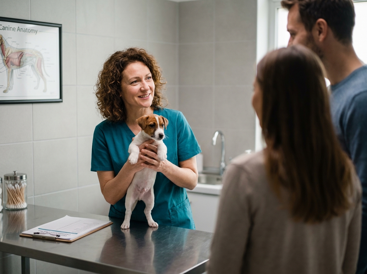 Vétérinaire présentant le carnet de santé et les vaccins d'un chiot Jack Russell à ses nouveaux propriétaires