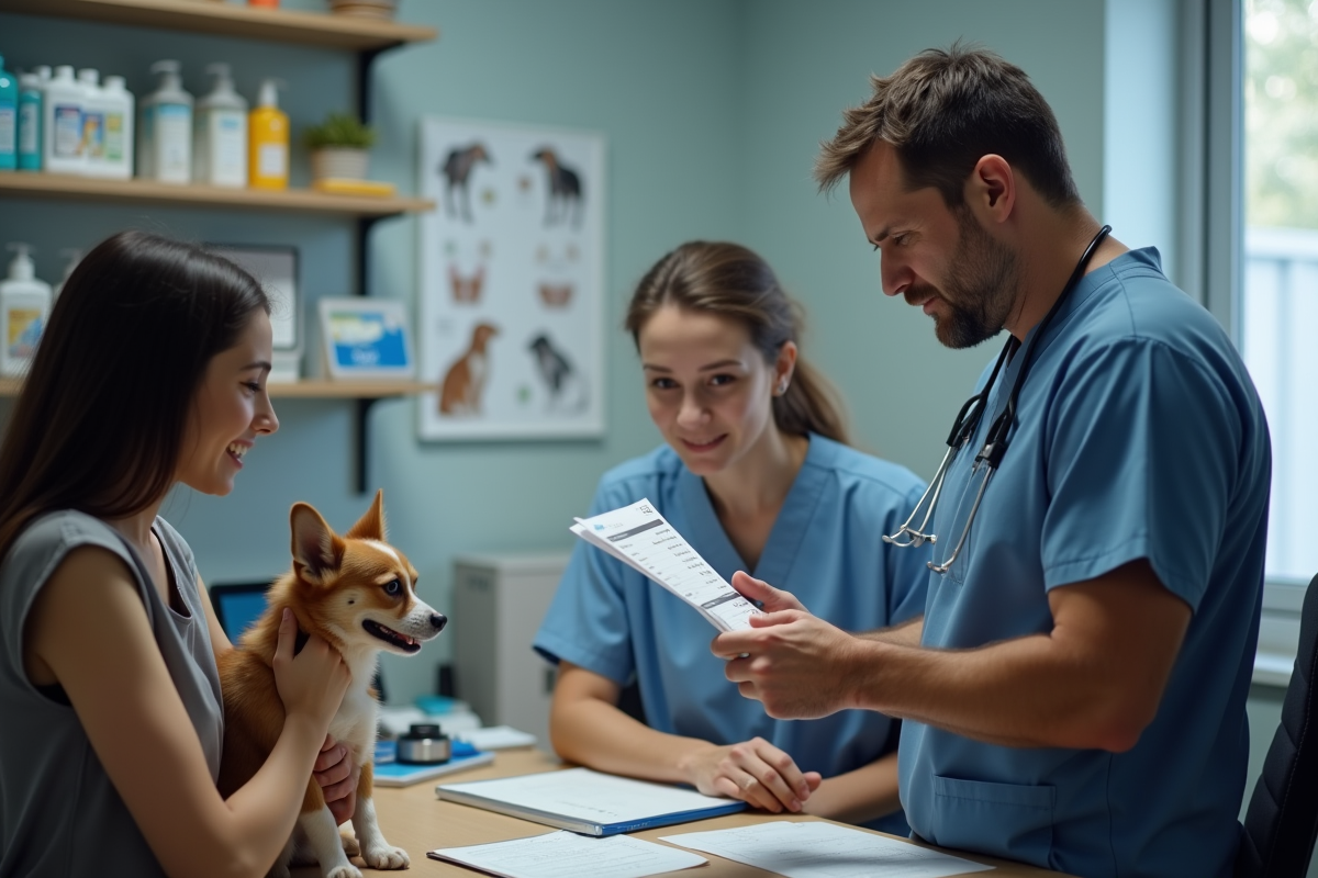 Vétérinaire expliquant une facture à un couple avec leur chien