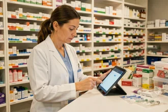 Vétérinaire consultant un logiciel de gestion des stocks sur tablette dans une pharmacie vétérinaire organisée