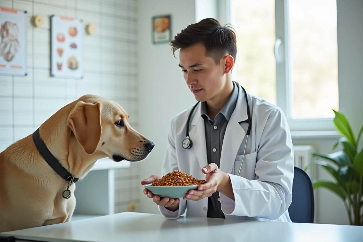 Vétérinaire examinant un labrador dans un cabinet lumineux