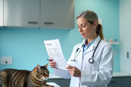 Vétérinaire expliquant une ordonnance de Metacam à une cliente dans une clinique vétérinaire moderne avec un chat tigré sur la table d'examen
