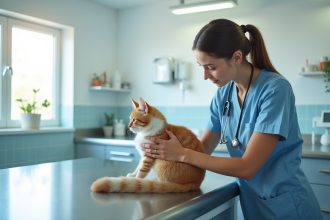 Vétérinaire tenant doucement un chat calme en clinique lumineuse