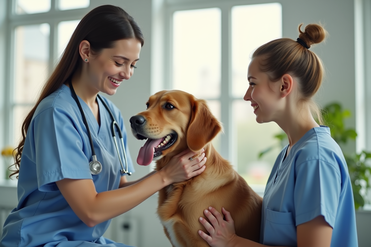 Vétérinaire souriant examinant un golden retriever dans une clinique moderne