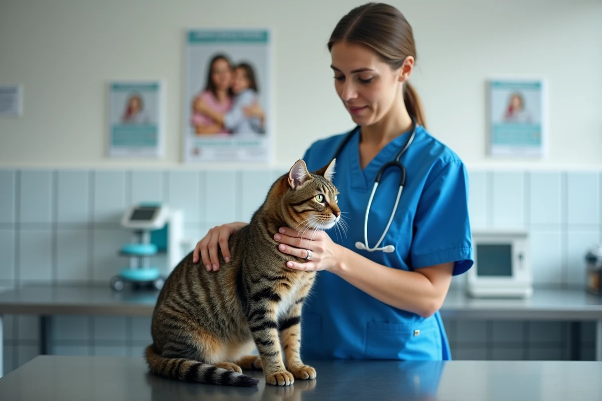 Vétérinaire en scrubs bleus tenant un chat adulte calme