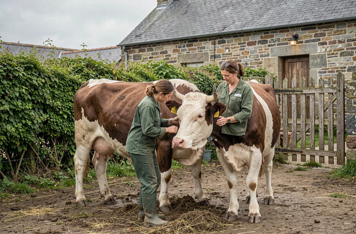 Vétérinaire des Vétérinaires du Frémur à Hénanbihen effectuant un contrôle sanitaire sur une vache dans une ferme bretonne