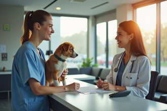 Propriétaire inquiet avec son chien dans une salle d'attente moderne