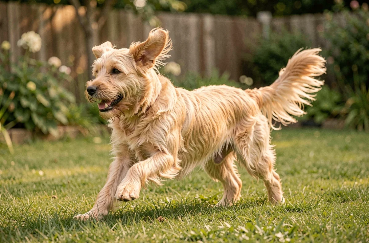 Soft Coated Wheaten Terrier au pelage soyeux doré jouant dans un jardin vert, exemple de chien à long poil perdant peu de fourrure
