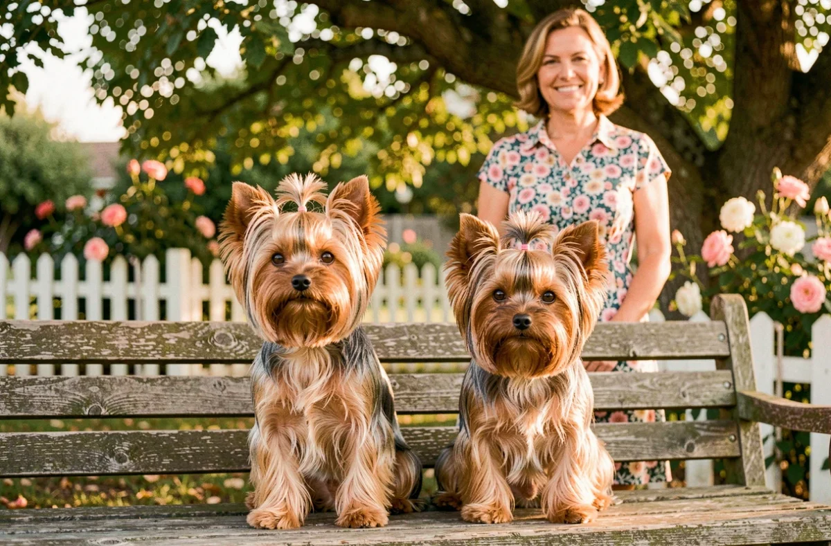 Deux Yorkshire Terriers au pelage soyeux sur un banc en bois dans le jardin du Yorkshire Domaine des Chênes Garance à Cazats